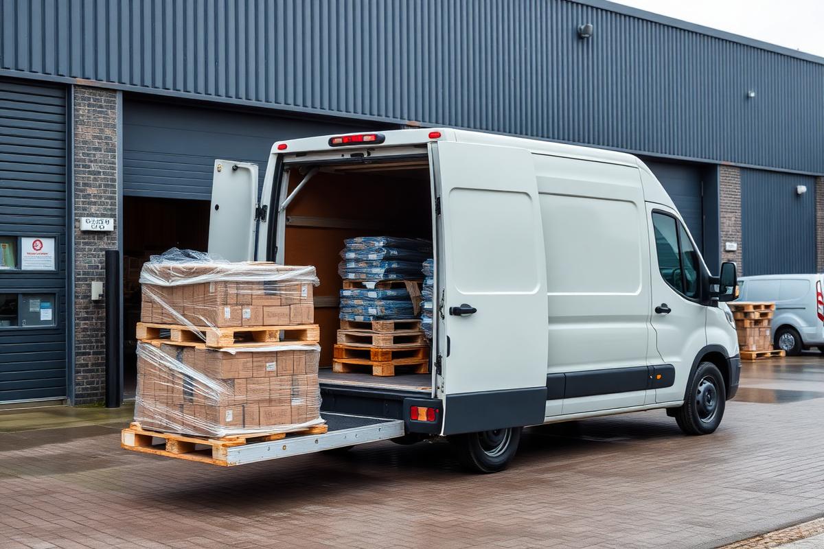 Bestelbus wordt geladen met pallets en pakketten